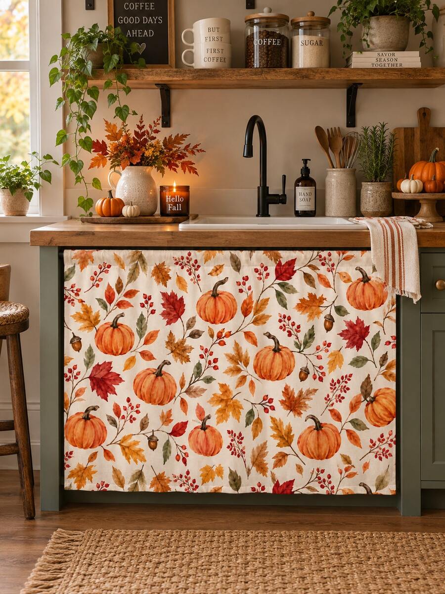 1 buah Tirai Wastafel Dapur Poliester Motif Daun Maple Musim Gugur, Tirai Kabinet Bawah Wastafel dengan Kantong Batang Motif Buah Ek dan Beri, Dekorasi Rumah Pertanian Pedesaan untuk Dapur Panen Thanksgiving - D - View 1