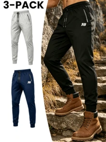 3pcs/Set Celana Jogging Pria Bernapas dengan Pinggang Elastis dan Manset, Celana Jogging Longgar dengan Kantong Resleting, Celana Olahraga Minimalis untuk Lari - MultiWarna - View 1