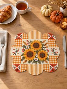 1 Set Autumn Harvest Pumpkin Sunflower Wheat Table Runner & Placemat Set, Orange Plaid Patchwork Farmhouse Dining Table Decor, Rustic Fall Thanksgiving Kitchen Decoration, Harvest Party Home Dining Room Seasonal Tabletop Decor - Multicolor - View 9