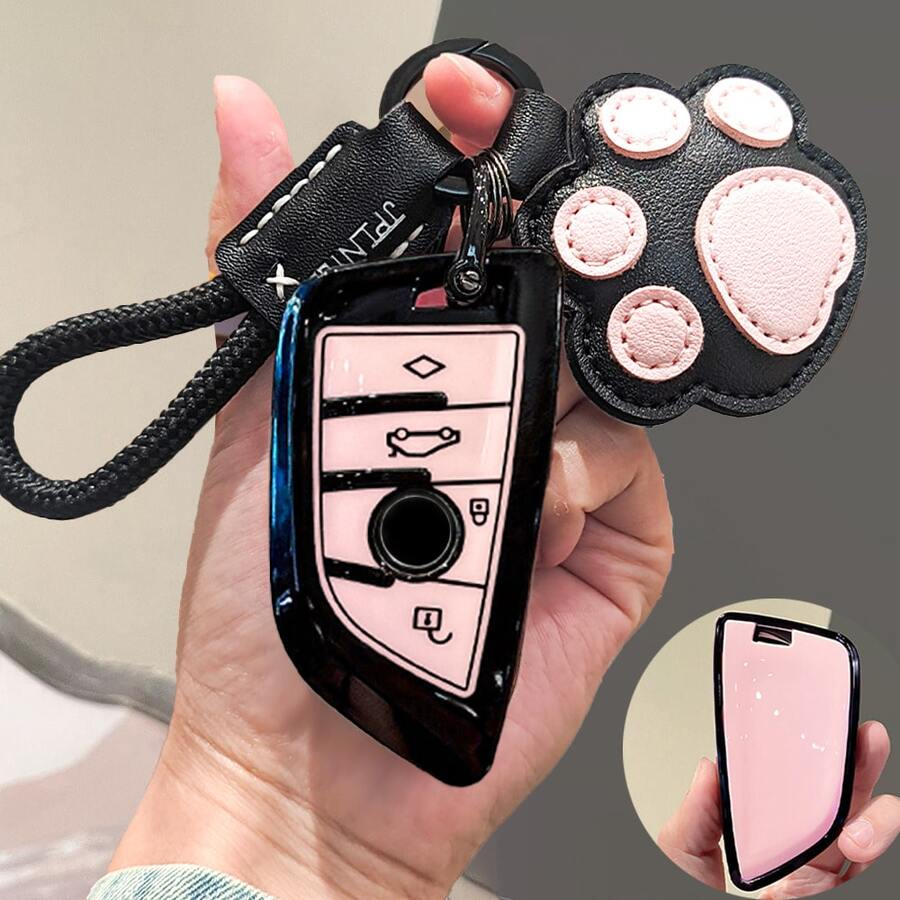 Suitable For BMW Car Key Case YK2 Pink & Black With Cute Cat Paw Key Strap, Black & Pink Pendant Keychain, Key Shell Protective Cover, Compatible With BMW 2/3/5/6/7 Series, X1 X2 X3 X5 X6 - Durable Design, Convenient Key Bag, Perfect For BMW Enthusiasts, Holiday Gift - Pink and Black - View 1