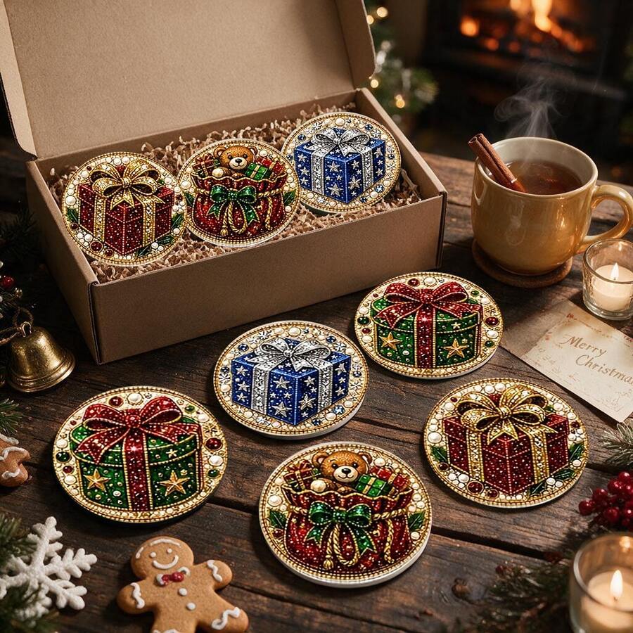 4/8pcs Autumn/Winter New DIY Colorful Pearl Rhinestone + Shiny Diamond, Diamond Painting Coaster Set, Suitable For Beginners, Applicable For Home, Holiday Decoration, DIY Handmade Kit, Perfect Gift For Friends And Family - Rhinestone Coaster/QY207 - View 1
