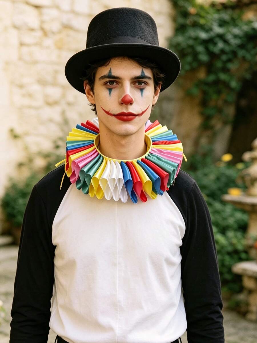 1PC Men's Halloween Rainbow Satin Pleated Collar, Clown Fan-Shaped Fake Collar, Party Costume Accessory, Halloween Costume Party Stage Styling Accessory - Rainbow Clown Ruff Collar - View 1