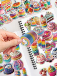 50pcs Dopamine Food Stickers, Including Rainbow Cake, Donut, Dessert Patterns, Suitable For Skateboard, Helmet, Scrapbook, Water Bottle, Motorcycle, Refrigerator, Etc., Perfect For DIY, Gift Decoration, Birthday Party Gift - Multicolor - View 6