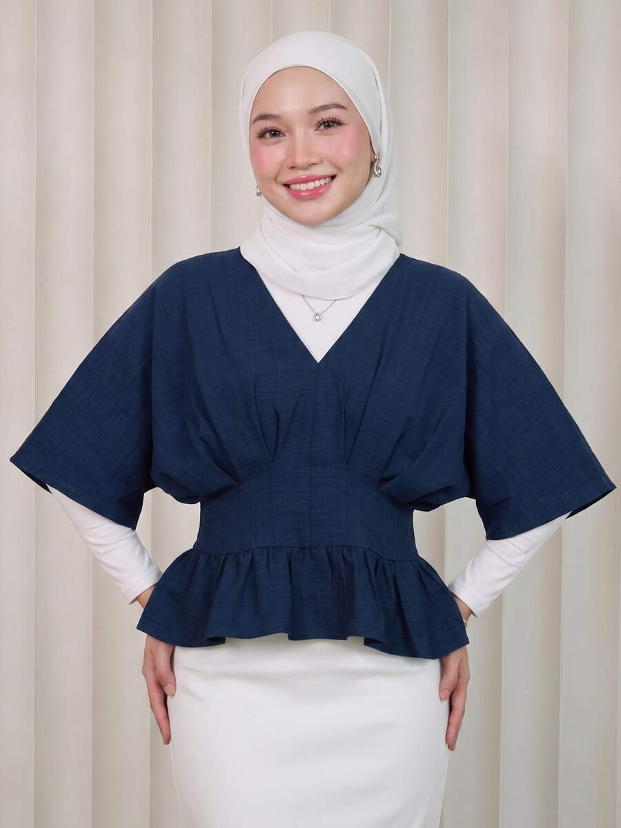 1pc Solid Color Waist-Cinching/Ruched Pleated Ruffle/Flounce Short Sleeve Blouse Top For Women - Blue - View 1