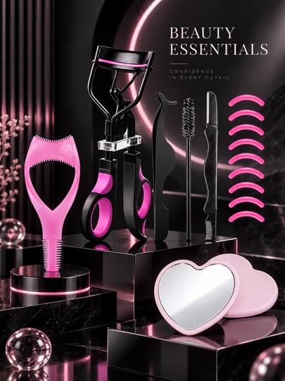 Eyelash Curler And Eyebrow Grooming Tools, Eyelash Separator Comb, Eyelash Applicator, Spiral Brush, Heart-Shaped Makeup Mirror, Portable Eye Makeup Accessories, Suitable For Daily Makeup, Travel, For Women And Girls