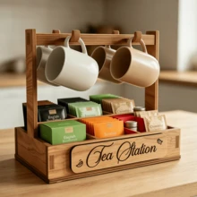 Wooden Tea Bag Storage Rack With Mug Hook, Desktop Multi-Compartment Tea Bag Organizer, Coffee Bar Countertop Shelf, Gift - Camel - View 1
