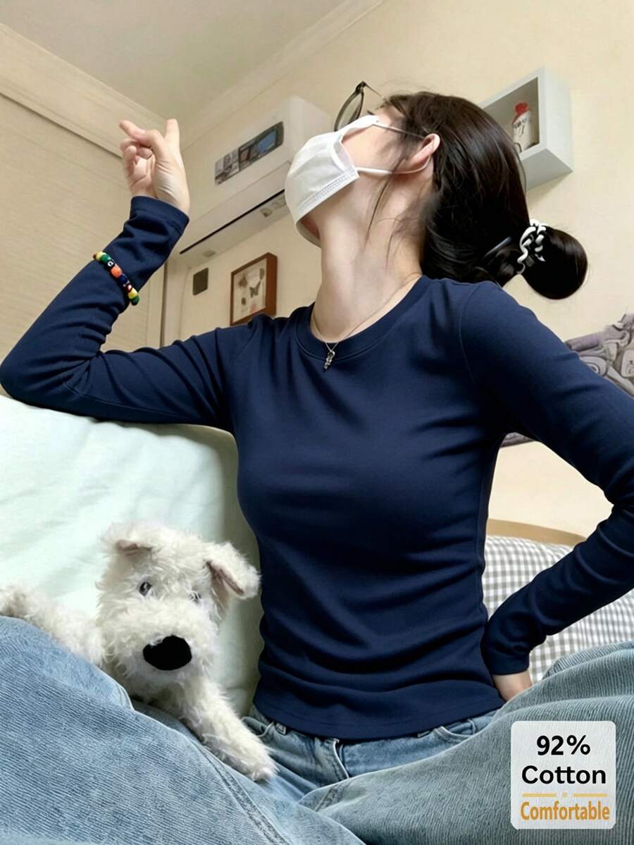 女款純棉長袖T恤,百搭海軍藍上衣,修身純色內搭底層,適合秋冬穿著 - 藏青色 - 查看 1