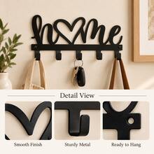 Black Metal HOME Wall Key Holder With 5 Hooks, Heart Letter Wall Decor, Entryway Key Organizer For Keys, Bags, Hallway & Bedroom, Rustic Farmhouse Wall Mounted Coat Hat Hanger, Space Saving Storage Rack, Ideal For Front Door, Apartment - Black - View 6
