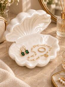 1pc Pearl Shell Jewelry Box, Luxury Ins Style Vanity Ring Necklace Jewelry Storage Tray, Cream Pearl Shell Jewelry Box, Soft Portable Jewelry Storage Box Desktop Decor, Extremely Soft, Jewelry Storage Box, Jewelry Rack - Multicolor - View 3