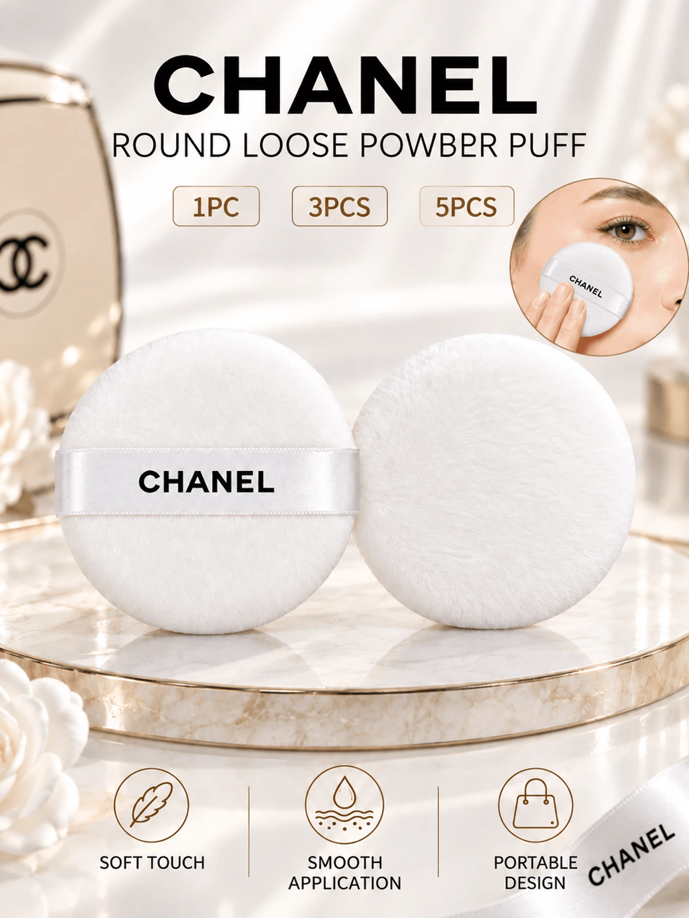 CHANEL Round Powder Puff, 6.8CM 1PC/3PCS/5PCS, Soft And Lightweight, Easy To Pick Up Powder, Suitable For Setting Loose Powder
