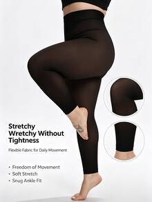 Women Plus Size Warm Ankle Length Leggings, Fleece Lined Thickened Tights, High Waist Elastic Semi-Sheer Skinny Pants, Comfortable Autumn Winter Base Layer Yoga Leggings, Perfect Match With Skirts And Boots - Black - View 3