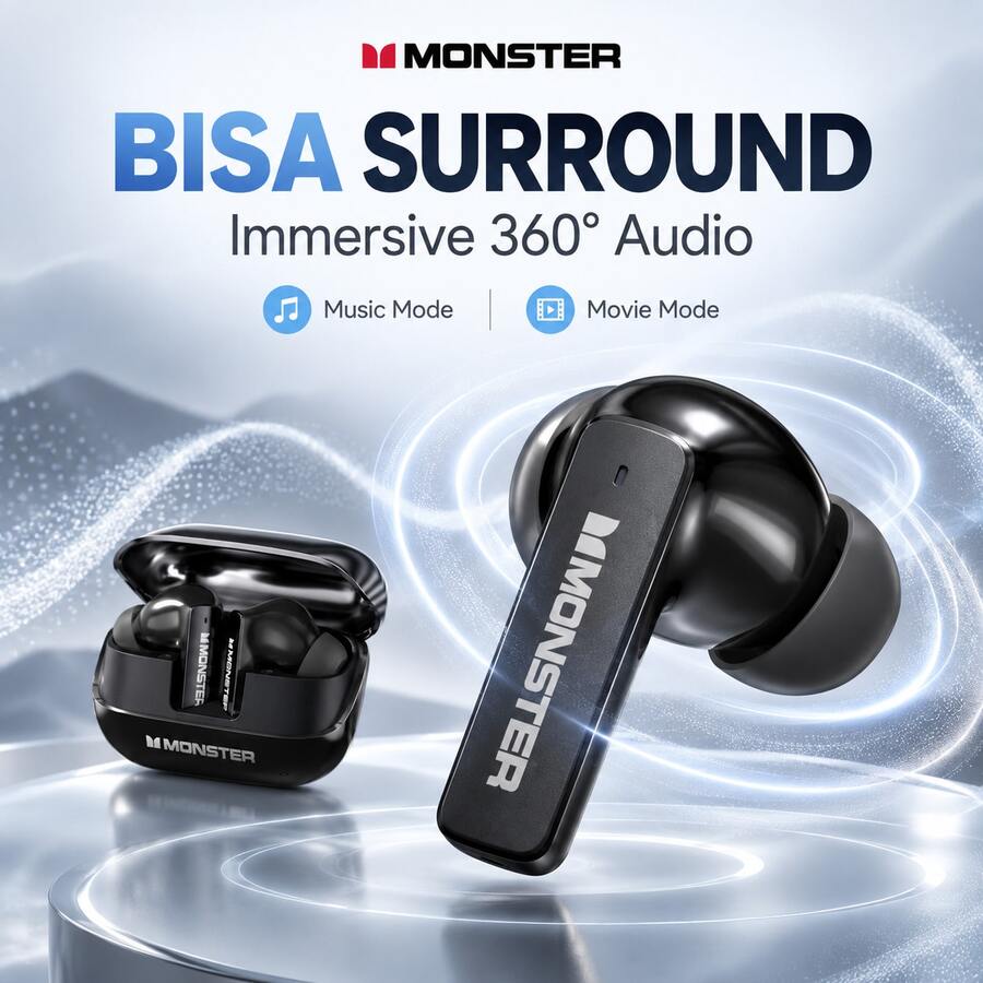MONSTER MQT50 TWS Wireless Earbuds, Bluetooth 5.4 In-Ear Gaming Headphones, ANC Active Noise Cancellation, IPX4 Sweatproof, HiFi Stereo Deep Bass, Built-In Microphone, Touch Control, 18-Hour Battery Life, Compatible With IOS And Android, Suitable For Fitness, Music And Calls - View 1