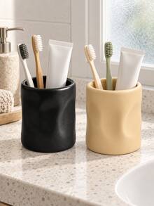1pc Asymmetrical Wavy Texture Toothbrush Holder, Matte Pleated Toothpaste And Makeup Brush Storage Cup, Minimalist Wabi-Sabi Style Black & Beige Bathroom Vanity Office Desk Home Decor - Multicolor - View 6