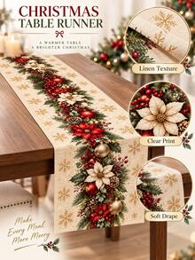 1pc Christmas Linen Table Runner, Red & White Color Scheme With Holly Berry, Pine Cone And Snowflake Decor, Suitable For Holiday Dining, Kitchen, Farmhouse Style Christmas Party - Multicolor - View 5
