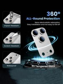 CASECOPS 2pcs Rhinestone Metal Armor Camera Lens Protector, Ultra HD Image Quality, Anti-Fall Anti-Scratch, Anti-Fingerprint, Compatible With IPhone 18 Pro Max/18 Pro/17 Pro Max/17 Pro, 9D Hardness Tempered Glass Film, Quick Installation, Dust-Proof Design, Suitable For Phone Cases And Accessories - Silver - Silver - View 6