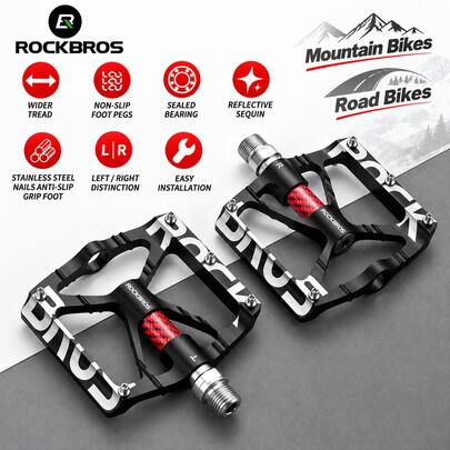 ROCKBROS 1 Pair Universal Threaded Mountain Bike Pedals, Anti-Loosening Design, Carbon Fiber Core, Reflective Night Riding Pedals, Anti-Slip Function