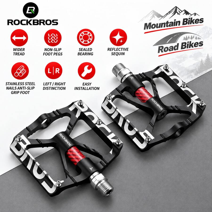 ROCKBROS 1 Pasang Pedal Sepeda Gunung Ulir Universal, Desain Anti-Longgar, Inti Serat Karbon, Pedal Reflektif untuk Berkendara Malam, Fungsi Anti-Selip