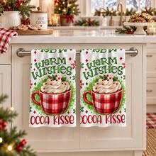 Christmas Hot Cocoa Plaid Kitchen Towel, Cocoa Kisses Warm Wishes Text Red Plaid Mug Cream Berry Snowflake Print Tea Towel, Winter Christmas Dessert & Beverage Theme Decorative Hand Towel, Rustic Farmhouse Style Kitchen Dining Home Holiday Decor Towel, Housewarming Birthday Christmas New Year Winter Holiday Gift - Multicolor - View 2