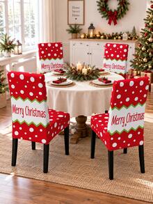 2/4/6件組聖誕椅套，紅白波點搭配Merry Christmas字母印花，綠色鋸齒邊飾設計，適用於餐廳、廚房及節日派對裝飾 - D - 查看 12