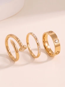3pcs/Set Luxury Exquisite Stainless Steel Women's Rings, 18K Stainless Steel Fashion Elegant Zirconia Rings, Stackable Ring Set, Size 6-10, Wedding Rings, Wedding Season Gift, Couple Jewelry, Christmas Gift, Family Gift, Waterproof Non-Fading, Long-Lasting Color - Multicolor - View 11