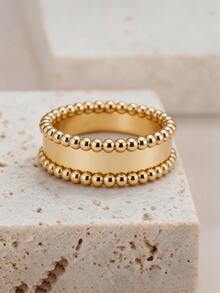 1pc 18K Gold Plated Double Row Bead Wide Band Ring, Unique Luxury Ring, Suitable For Women Girls Daily Party Decoration And Holiday Gift - Yellow Gold - View 9