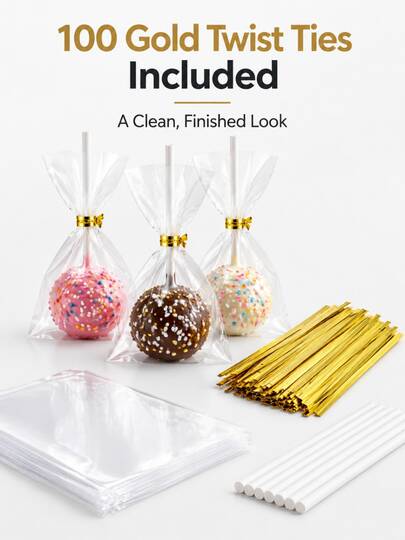 Cake Pop Packaging Kit 300PCS, 100 Clear Treat Bags, 100 White Paper Sticks, 100 Gold Twist Ties, DIY Baking Supplies For Birthday Party