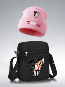 1pc/2pcs Inspirational Slogans Pattern Print Unisex Street Fashion Outdoor Sports Knit Beanie And Crossbody Bag, Gift For Yourself Or Friends - Multicolor - View 10