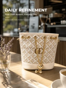DIOR French Style Diamond Quilted Jacquard Woven Bucket Bag For Women, Luxury Gold Chain Drawstring Closure Bag, Crossbody & Shoulder Carry, Soft Creamy Apricot Color Large Capacity Portable Makeup Bag - Creamy Apricot Diamond Jacquard Woven Bucket Bag - View 10
