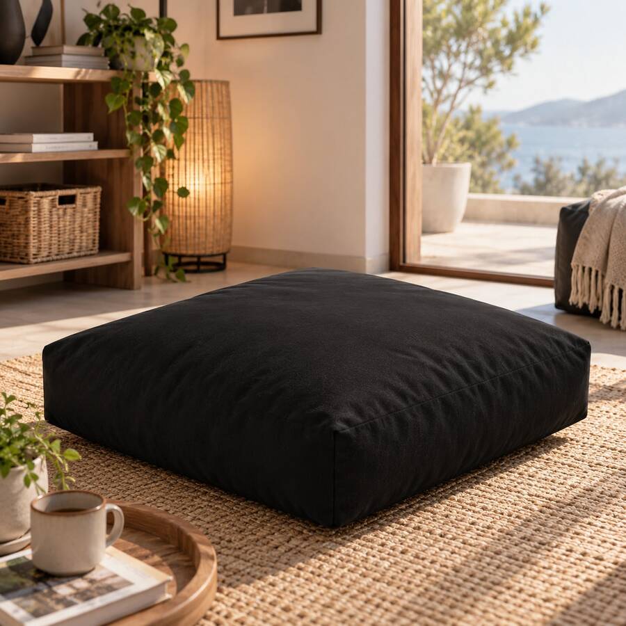 70x70 Cm Tufted Floor Cushion, Made In Turkey, Square Seating Pillow For Indoor & Outdoor Use - Black - View 1