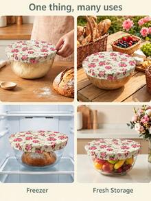 3/6pcs Elastic Bowl Cover Set, Rose Floral Fabric Food Covers, Suitable For Bowls, Containers, Bread Dough, Baking And Kitchen Food Storage - Multicolor - View 5