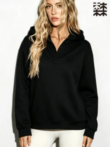 mulinsen Women's Solid Color Fleece Lined Half-Zip Hooded Sweatshirt, Loose Long Sleeve Sports Sweatshirt, Suitable For Daily Outdoor Wear - Black - View 5