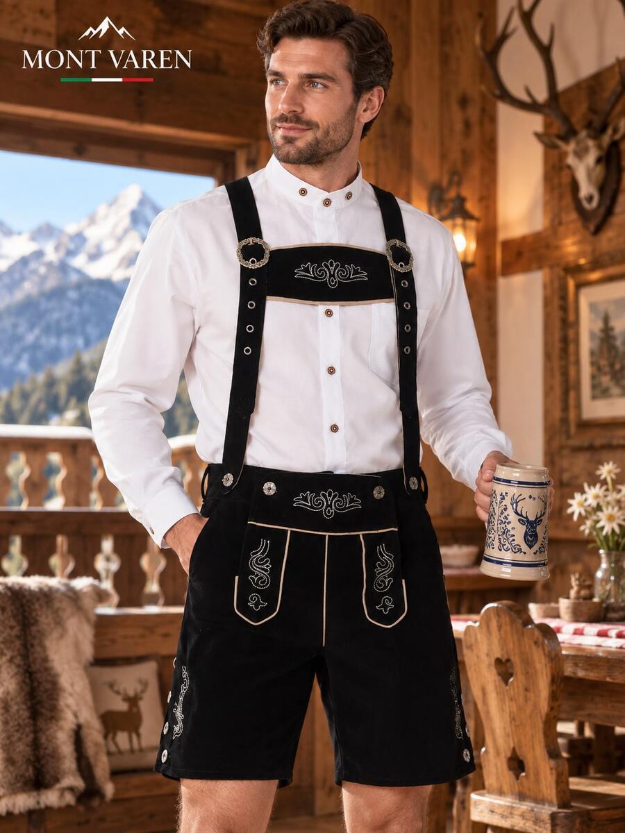 Herrarnas bayerska Oktoberfest-outfitset, rutig skjorta med broderade lederhosen-shorts, traditionell alpin stil med hängslen kostym - Svart hängslen - Visa 1