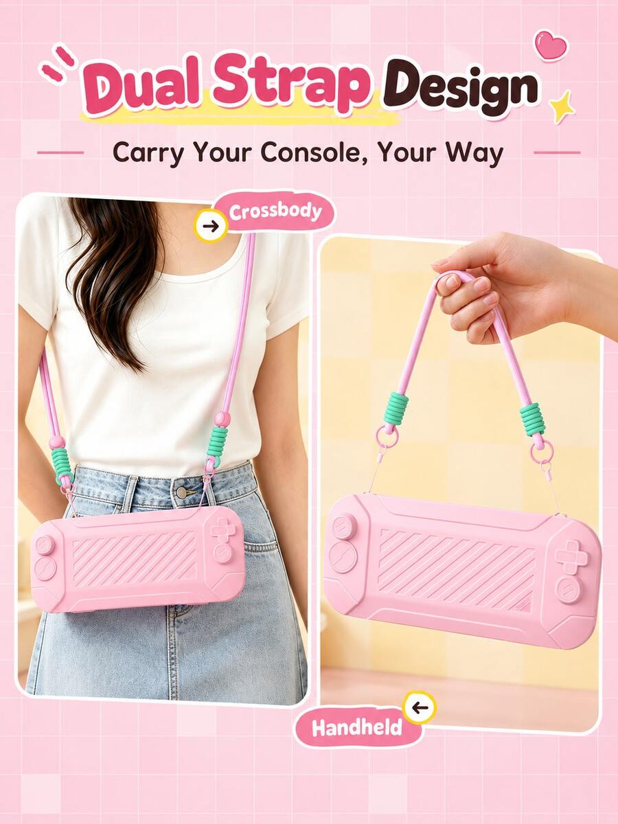 Lezhan, 2pcs/Set 1 Pink Face Cover Switch 2 Game Console Protective Case + 1 Lanyard/Wrist Strap, Suitable Compatible With Switch NS/OLED Game Console Protective Cover, Anti-Slip, Anti-Sweat, Anti-Dust, Anti-Scratch, Enhance Gaming Experience, Valentine's Day/Spring Romantic Gift - View 1
