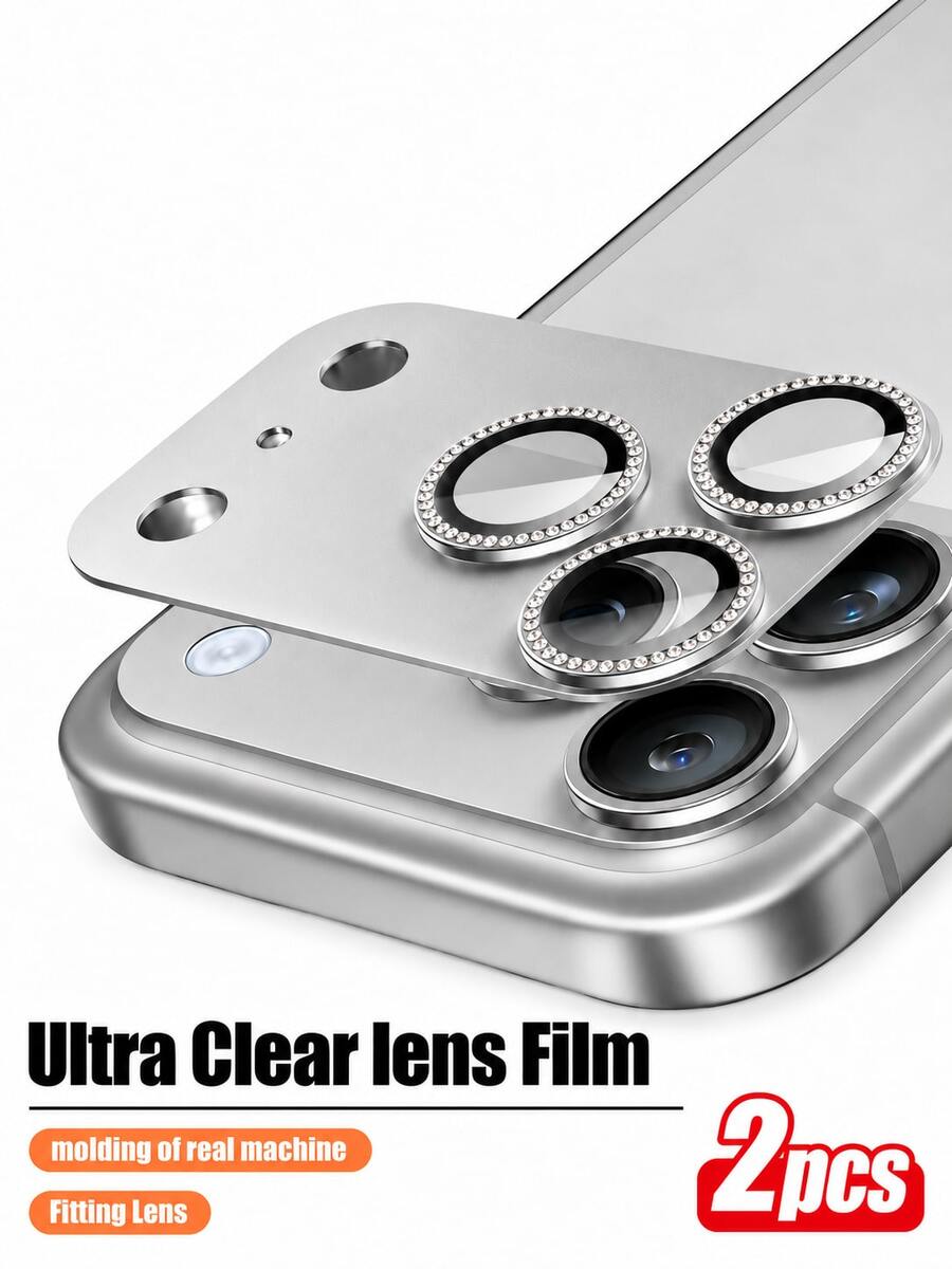 CASECOPS 2pcs Rhinestone Metal Armor Camera Lens Protector, Ultra HD Image Quality, Anti-Fall Anti-Scratch, Anti-Fingerprint, Compatible With IPhone 18 Pro Max/18 Pro/17 Pro Max/17 Pro, 9D Hardness Tempered Glass Film, Quick Installation, Dust-Proof Design, Suitable For Phone Cases And Accessories - Silver - Silver - View 1