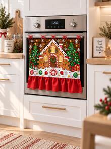 Christmas Gingerbread House Oven Door Curtain, Scalloped Edge Gingerbread Man & Christmas Tree Print Oven Handle Cover With Red Ribbon Tie, Kitchen Holiday Decor - Christmas Gingerbread House - View 8