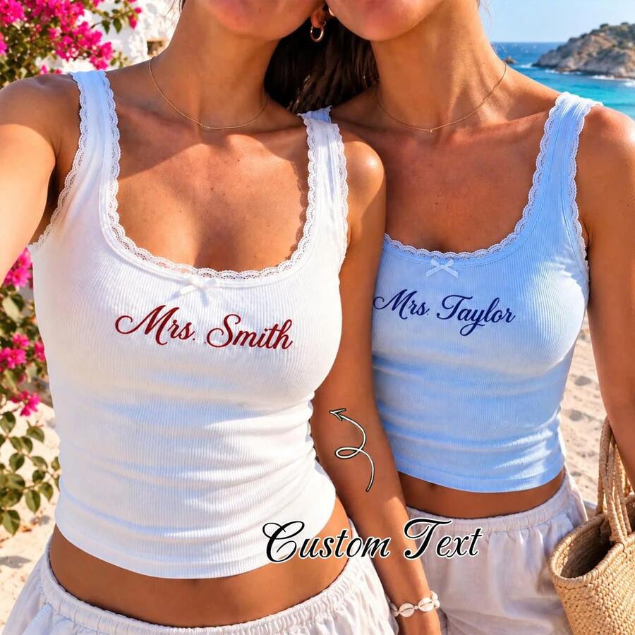 Personalized Embroidered Lace Tank Top,Customized Embroidered Modal Tank Top, Bridal Camisole, Bridesmaid Gifts, Bachelorette Party Top - Multicolor - View 1