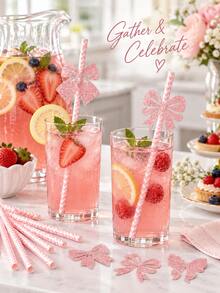 20pcs Pink Bow Decorated Straws, Glitter Bow Straw Toppers, Suitable For Birthday Celebration, Bridal Shower, Dessert Table, Cocktail Drink Decoration, Sweet Theme Party Tableware (Random Assortment) - Multicolor - View 3