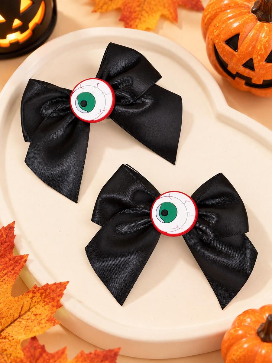 2pcs Halloween Bow Hair Clips,Black Bow Barrettes With Eye Decor,Hairpin,Minimalist Hair Accessories Gift For Girl Teen Holiday Party Wear&Cosplay - Black - View 1