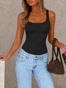 ChicMe Women's Square Neck Sleeveless Elastic Fitted Casual Tank Top, Everyday Wear - Black - View 4