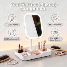 LED Lighted Makeup Mirror With Storage Tray, Touch Control Vanity Mirror, 3 Color Lighting, USB Rechargeable Cosmetic Mirror For Dressing Table - Multicolor - View 1