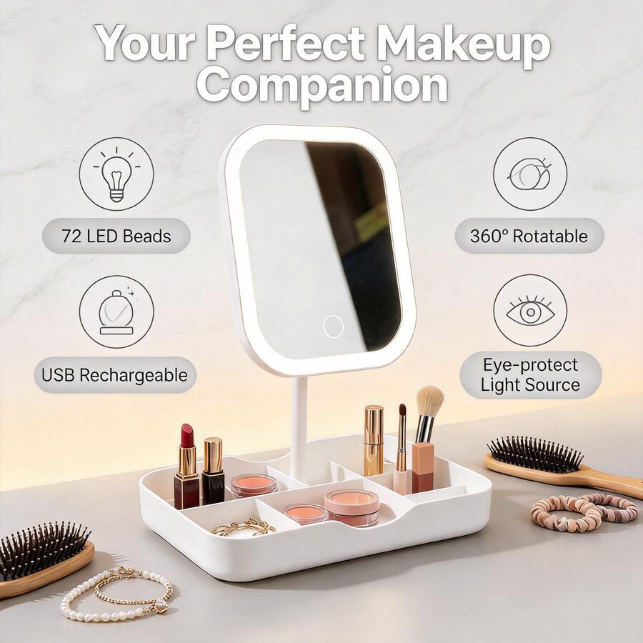 LED Lighted Makeup Mirror With Storage Tray, Touch Control Vanity Mirror, 3 Color Lighting, USB Rechargeable Cosmetic Mirror For Dressing Table - Multicolor - View 1