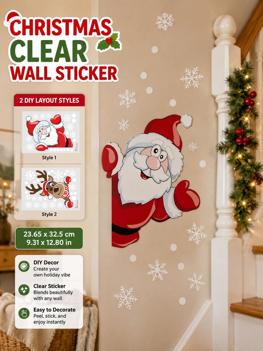 SUPSTICKER 1 Set Stiker Dinding Natal, Stiker Liburan Transparan Santa & Rusa Kutub, 2 Gaya, Dekorasi Rumah Meriah untuk Dinding, Jendela, Pintu & Furnitur - 1PC - View 1