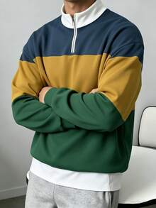 男士拼色 1/4 拉鍊運動衫，多色條紋小立領拉鍊套頭長袖休閒寬鬆針織衫 - 彩色 - 查看 2