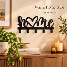Black Metal HOME Wall Key Holder With 5 Hooks, Heart Letter Wall Decor, Entryway Key Organizer For Keys, Bags, Hallway & Bedroom, Rustic Farmhouse Wall Mounted Coat Hat Hanger, Space Saving Storage Rack, Ideal For Front Door, Apartment - Black - View 4