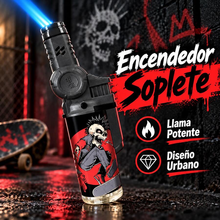 Encendedor Soplete Recargable de Butano con Llama Azul Potente, Cabezal Ajustable 45°/90°, Resistente al Viento, Diseño Urbano para BBQ, Cocina y Camping - Ver 1