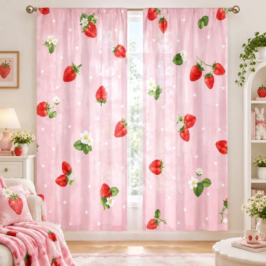 2pcs High Definition Pink Strawberry & Heart Pattern Decorative Curtains, Durable And Fade-Resistant, Rod Pocket Hanging Style, Suitable For Bedroom And Living Room Home Decor - Multicolor - View 1