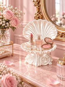 1pc Pearl White Shell Floral Embossed Storage Tray, Fashionable Cosmetic & Jewelry Organizer Box, Suitable For Vanity, Bedroom, Dressing Table And Home Decor, Wedding, Bridesmaid Gift, Room Decoration, Jewelry Storage, Home Decor, Bathroom Decor, Jewelry Rack - Multicolor - View 3