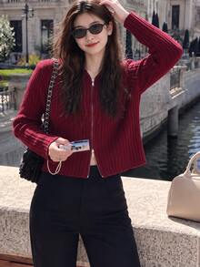 Women's Casual Elegant Vertical Striped Hooded Cardigan Knit Sweater Jacket, Red, Autumn/Winter - Red - View 1