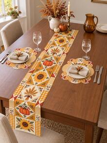 1 Set Autumn Harvest Pumpkin Sunflower Wheat Table Runner & Placemat Set, Orange Plaid Patchwork Farmhouse Dining Table Decor, Rustic Fall Thanksgiving Kitchen Decoration, Harvest Party Home Dining Room Seasonal Tabletop Decor - Multicolor - View 7