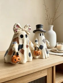 1pc Vintage Patchwork Ghost Resin Ornaments Cute Ghost Figures With Floral Bow And Top Hat Pumpkin Bucket Halloween Rustic Home Table Decor - Patch Ghost - View 8